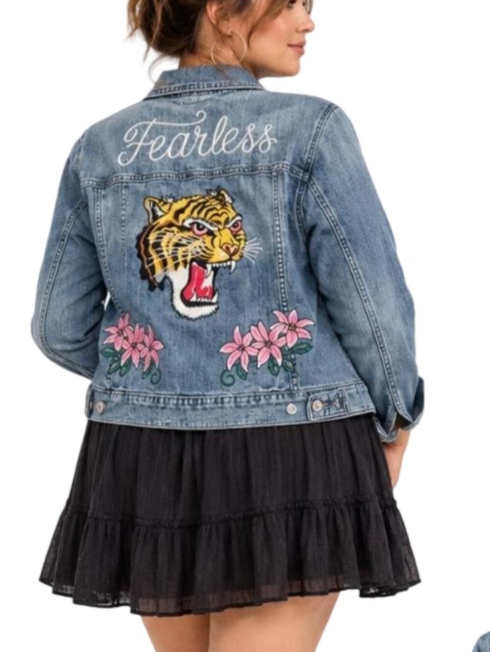 Torrid Fearless Embroidered Tiger Denim Jacket Blue Plus Size 1 1X